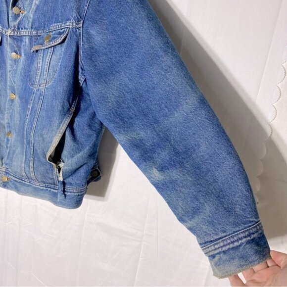 Vintage Blue Bay Distressed Blanket Lined Denim Trucker Jacket Blue Denim Jacket - Picture 10 of 16